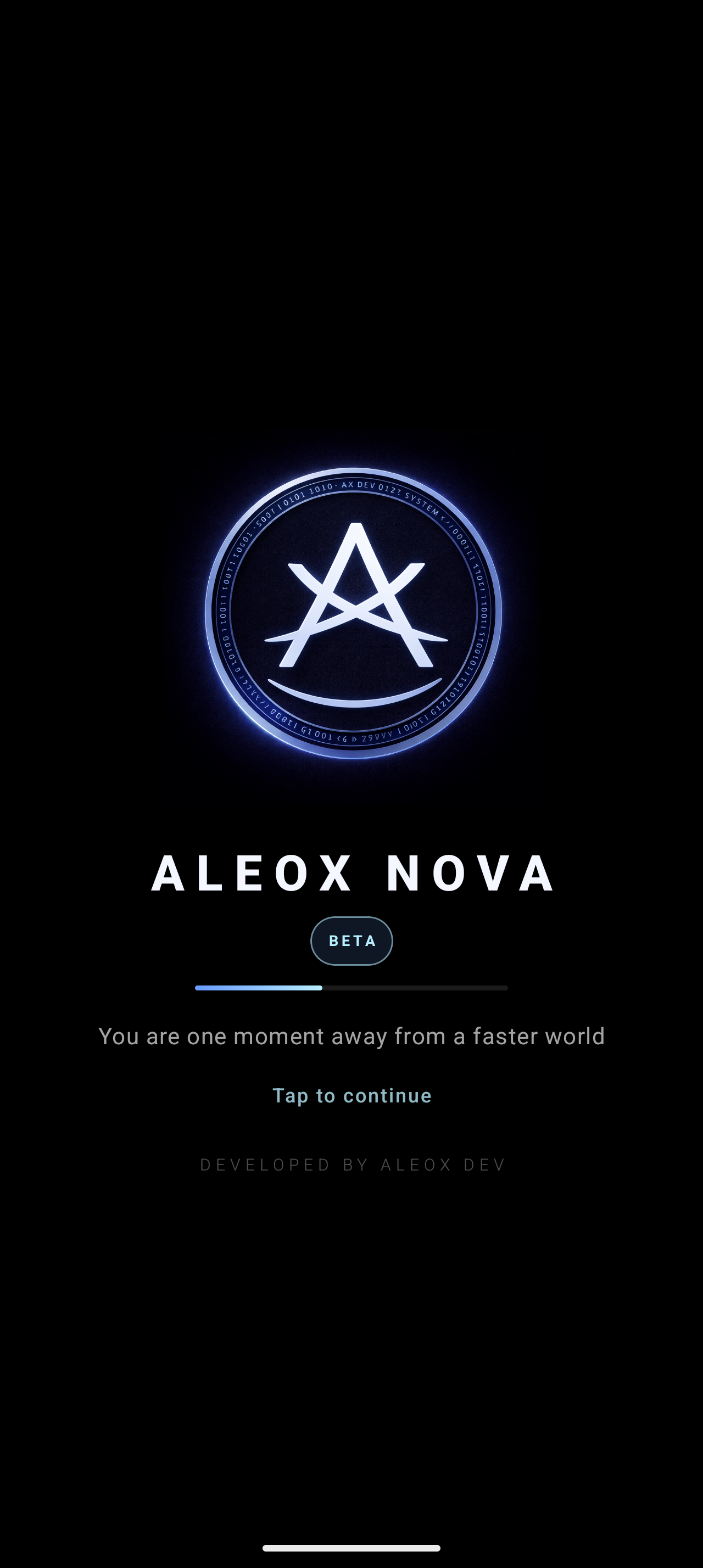 شاشة بدء ALEOX NOVA تحمل علامة Beta